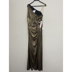 New IEENA For Mac Duggal Gold Metallic One-Shoulder Evening Gown Dress Size 8